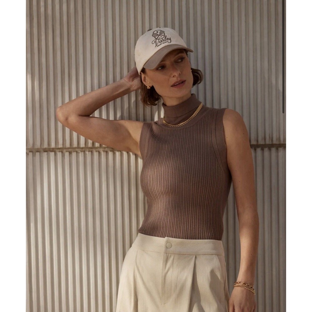 VARLEY Anastasia Rib Knit Mock Neck Tank - Ash Taupe - Large - NWT